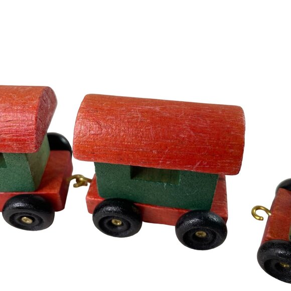 Vintage Mini Wood Train Handmade Painted Red Green Connect 3 Pieces u - Picture 5 of 7